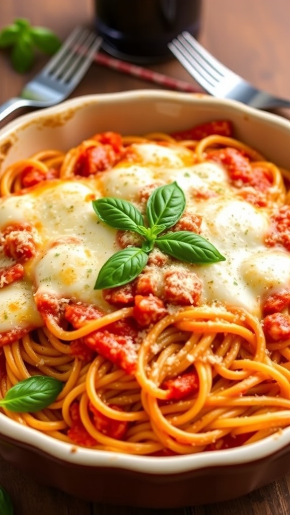 Air Fryer Baked Spaghetti Recipe Air fryer baked spaghetti topped with melted cheese and basil in a rustic dish on a wooden table.